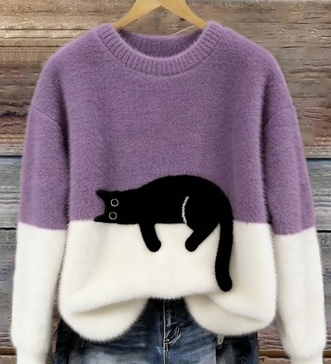 Chloé | Suéter Gráfico con Gato Suave – Elegancia Felina y Dulzura Moderna