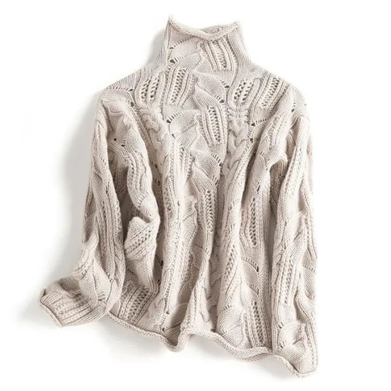 Oda suéter con cuello de pie y patrón de punto trenzado – elegante y cálido